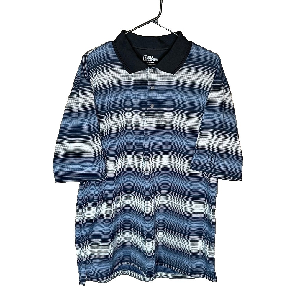 PGA Tour Golf Polo Shirt Men's XLT Blue Striped Short Sleeve Collared Athletic